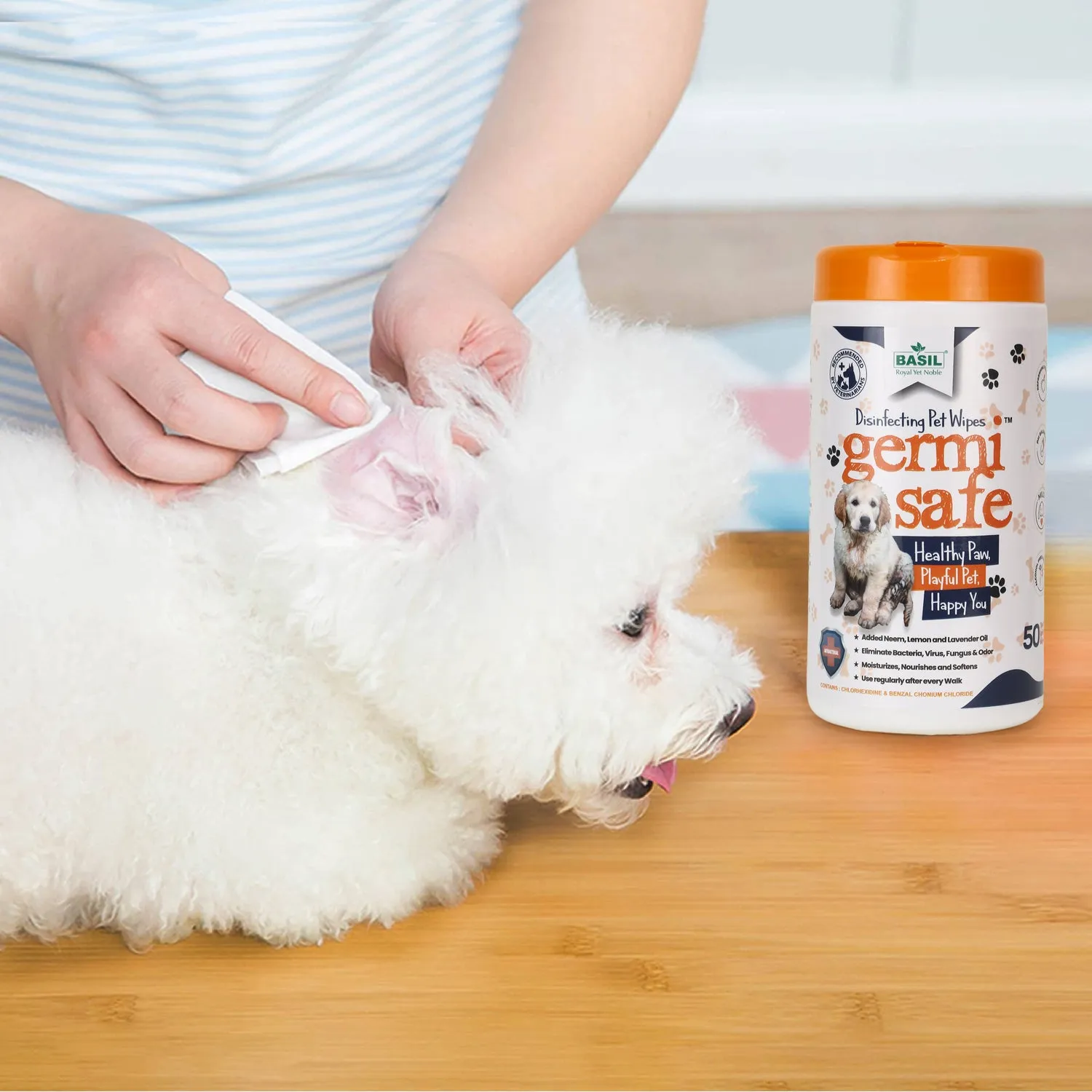 BASIL Germisafe Pet Wipes for Dogs, 50 Wipes with Added Neem, Lemon and Lavender Oil
