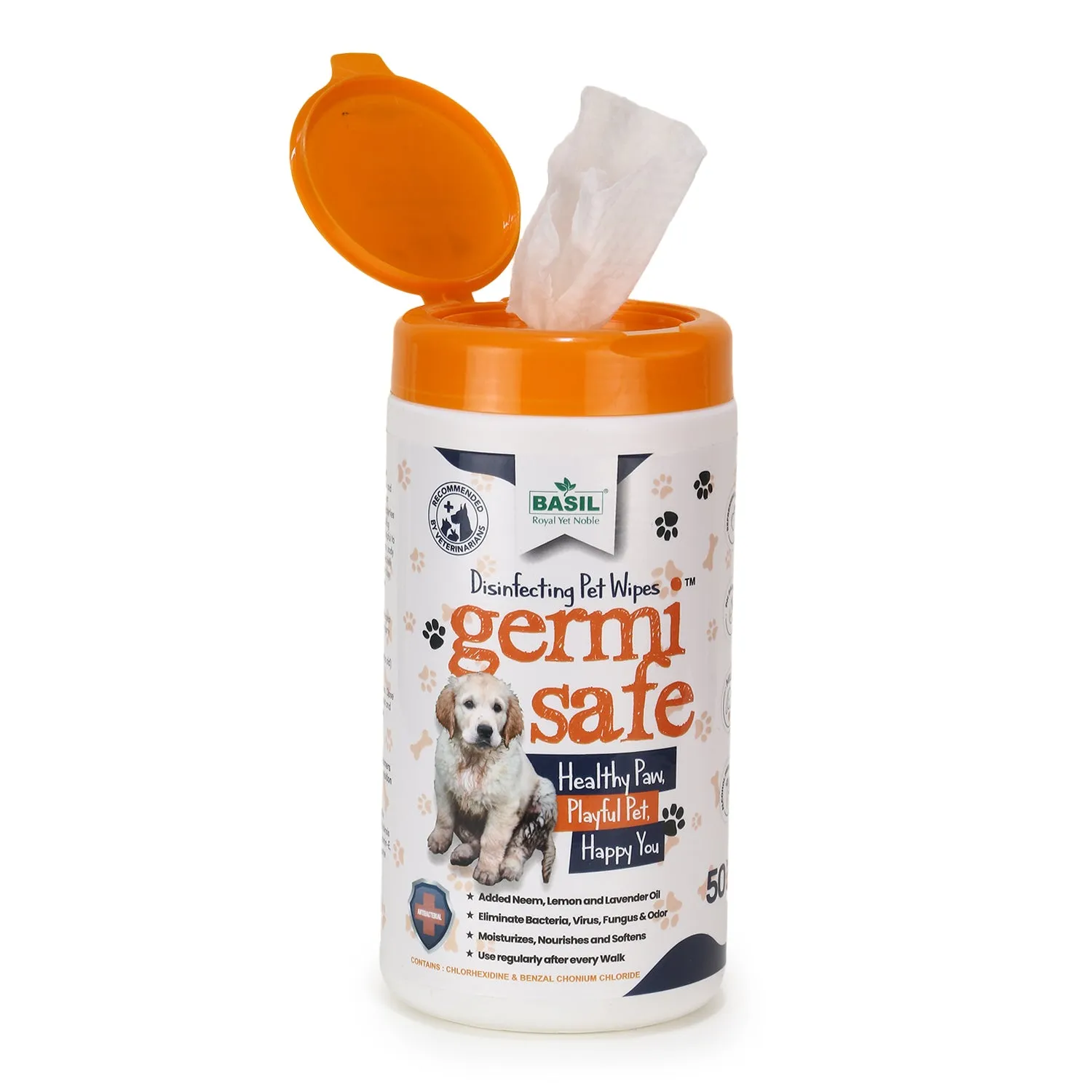 BASIL Germisafe Pet Wipes for Dogs, 50 Wipes with Added Neem, Lemon and Lavender Oil