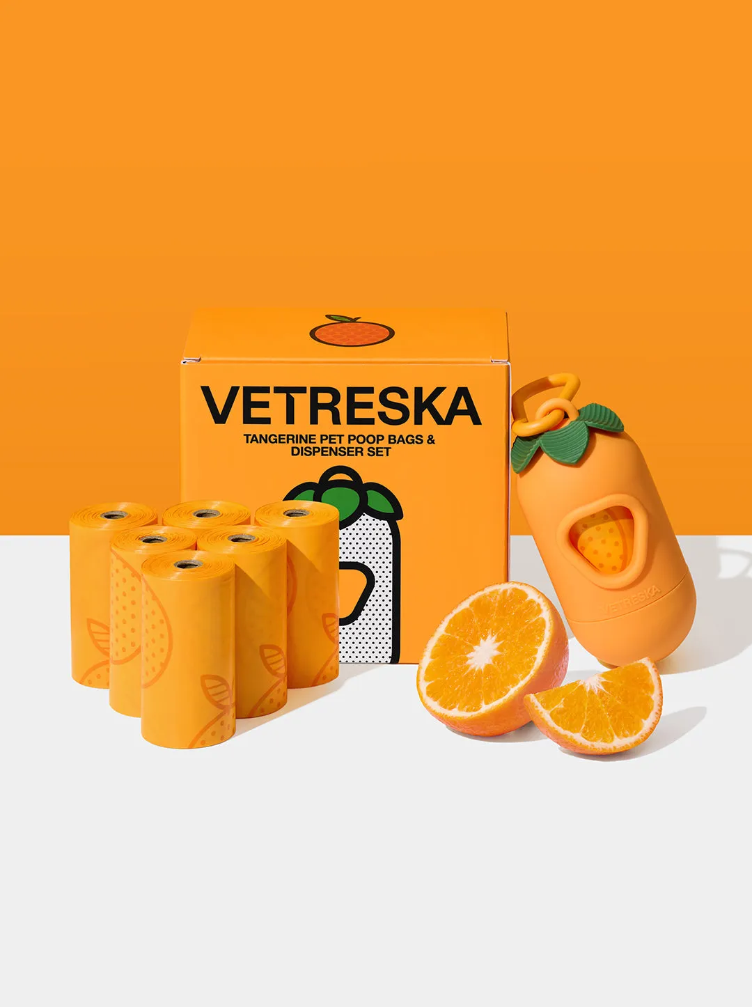 Tangerine Pet Poop Bags & Dispenser Set (1 Dispenser  7 Rolls)